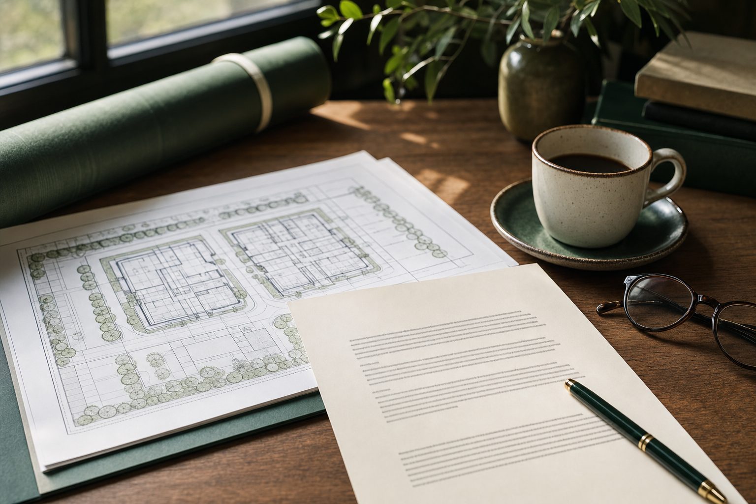 Site plan and lease documents on a desk