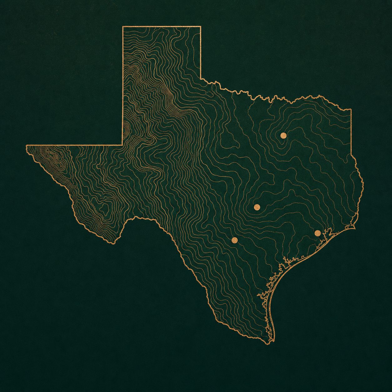 Minimalist illustrated map of Texas with market markers
