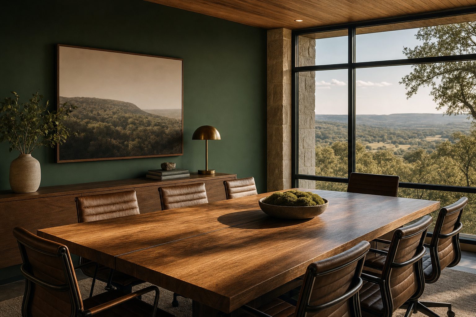 Warm modern conference room overlooking Texas hill country